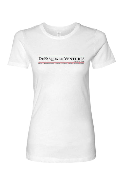 White women's cotton t-shirt featuring the DePasquale Ventures North End logo in black and red text on the chest.