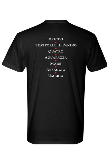 Black premium cotton t-shirt featuring a list of Depasquale restaurant locations in white text with red dots on the back.