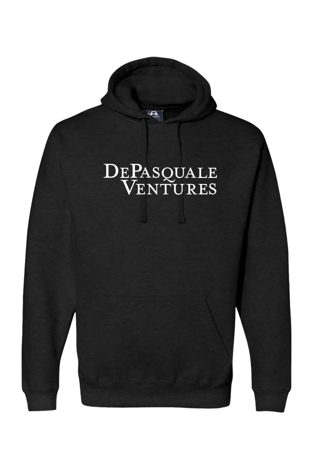 Black premium cotton-blend hoodie featuring the white Depasquale Ventures logo on the chest with a front kangaroo pocket.