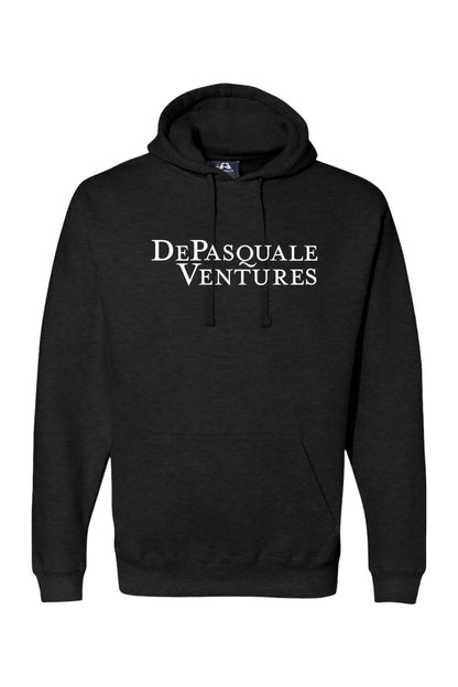 Black premium cotton-blend hoodie featuring the white Depasquale Ventures logo on the chest with a front kangaroo pocket.