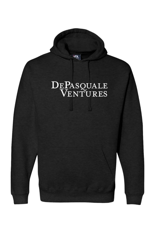 Black premium cotton-blend hoodie featuring the white Depasquale Ventures logo on the chest with a front kangaroo pocket.
