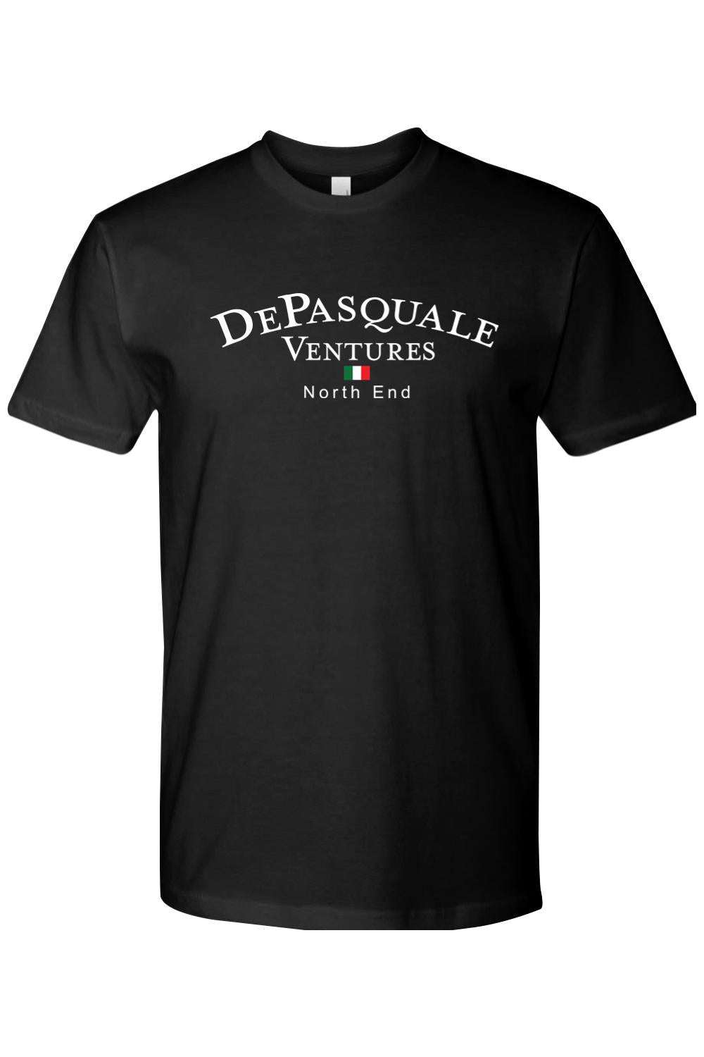 Black premium cotton t-shirt featuring white Depasquale Ventures North End logo with an Italian flag icon.