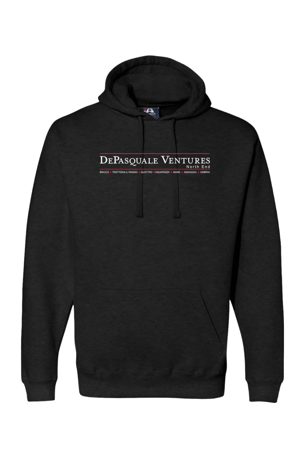 Black premium fleece hoodie featuring the white Depasquale Ventures North End logo and restaurant list on the chest.