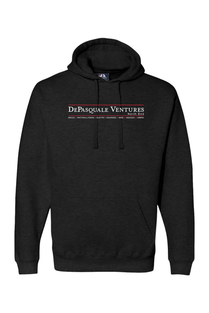 Black premium fleece hoodie featuring the white Depasquale Ventures North End logo and restaurant list on the chest.