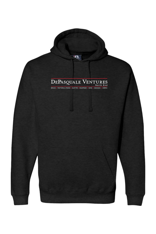 Black premium fleece hoodie featuring the white Depasquale Ventures North End logo and restaurant list on the chest.