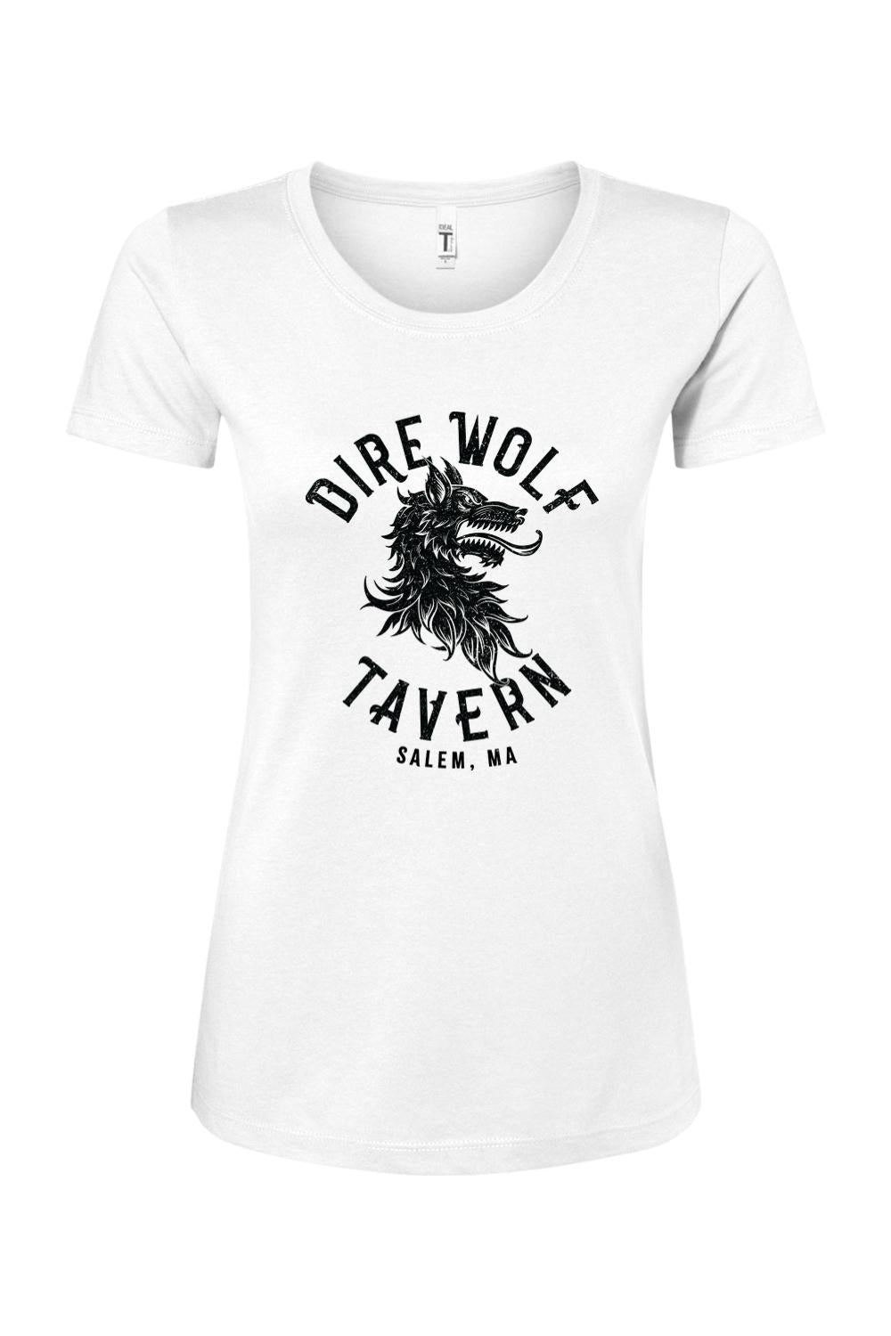 White women's cotton blend t-shirt featuring a black Dire Wolf Tavern Salem, MA logo graphic on the front.
