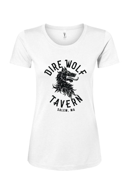 White women's cotton blend t-shirt featuring a black Dire Wolf Tavern Salem, MA logo graphic on the front.