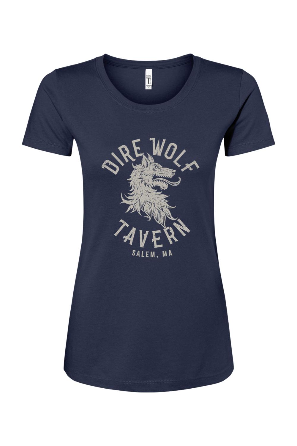 Navy blue women's cotton blend t-shirt featuring a vintage-style Dire Wolf Tavern logo graphic in light grey.