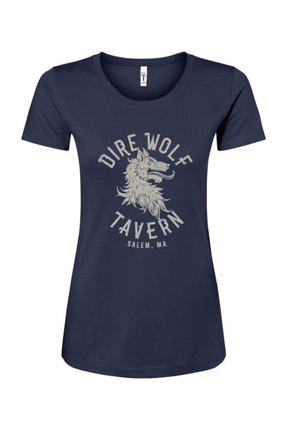 Navy blue women's cotton blend t-shirt featuring a vintage-style Dire Wolf Tavern logo graphic in light grey.