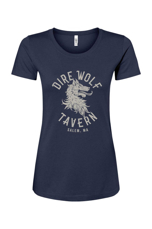 Navy blue women's cotton blend t-shirt featuring a vintage-style Dire Wolf Tavern logo graphic in light grey.