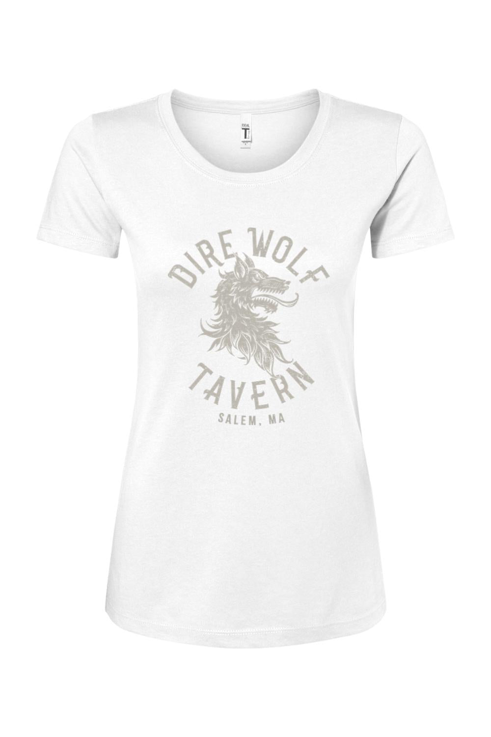 White women's cotton-blend t-shirt featuring a grey Dire Wolf Tavern logo graphic on the chest.