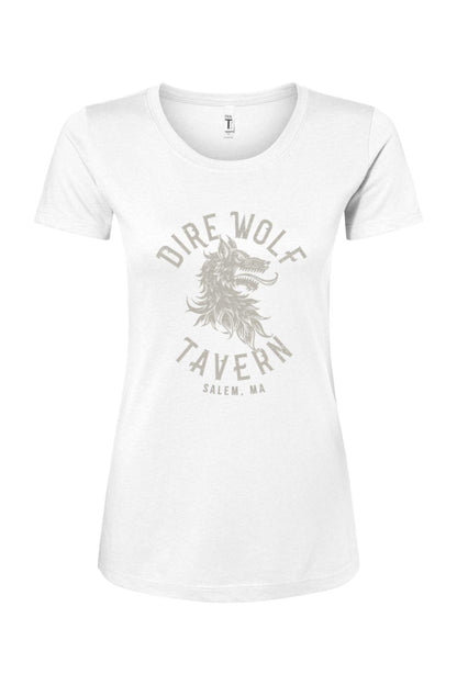 White women's cotton-blend t-shirt featuring a grey Dire Wolf Tavern logo graphic on the chest.