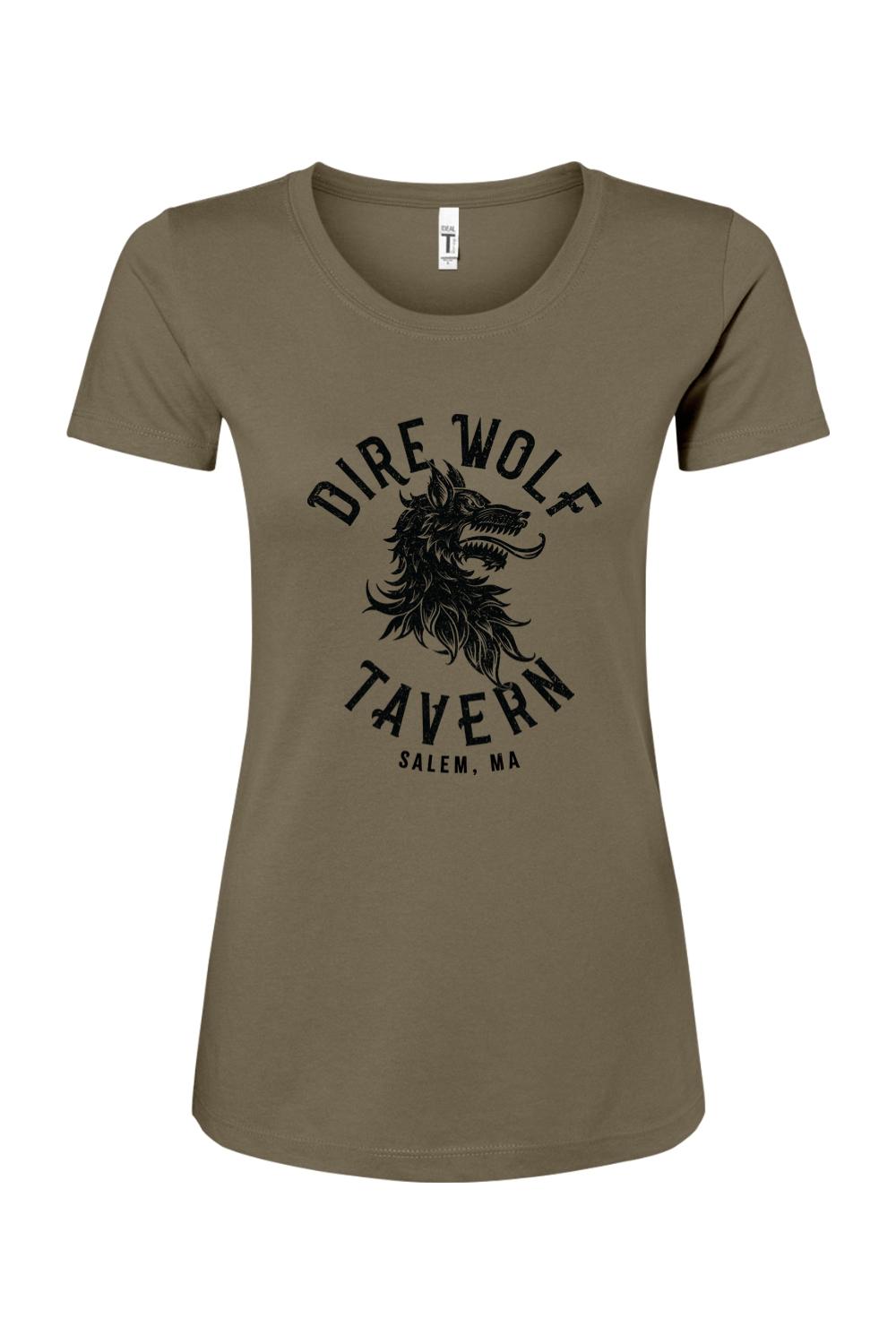 Olive green women's cotton blend t-shirt featuring a black Dire Wolf Tavern logo graphic on the chest.