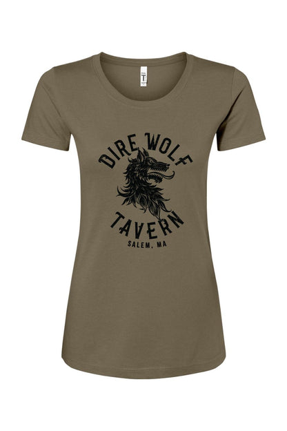 Olive green women's cotton blend t-shirt featuring a black Dire Wolf Tavern logo graphic on the chest.