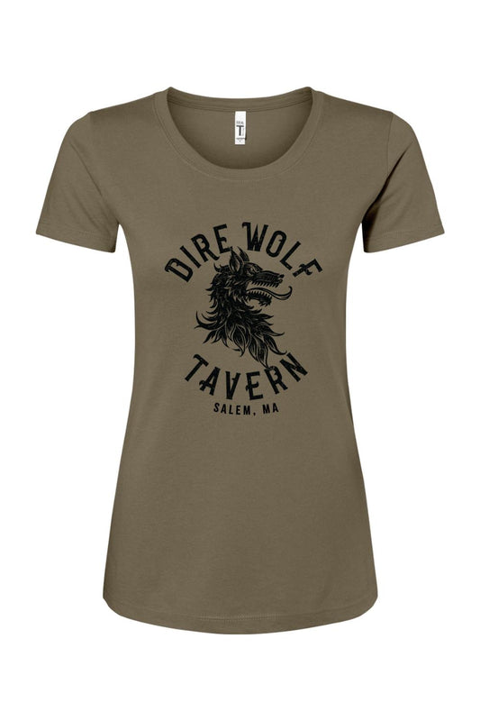 Olive green women's cotton blend t-shirt featuring a black Dire Wolf Tavern logo graphic on the chest.