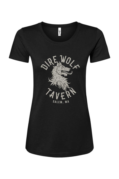 Black women's cotton-blend t-shirt featuring a vintage-style Dire Wolf Tavern logo graphic in white.