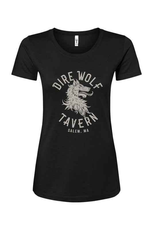 Black women's cotton-blend t-shirt featuring a vintage-style Dire Wolf Tavern logo graphic in white.