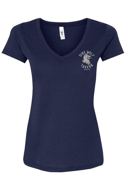 Navy blue women's cotton blend V-neck T-shirt featuring a small white Dire Wolf Tavern logo on the left chest.