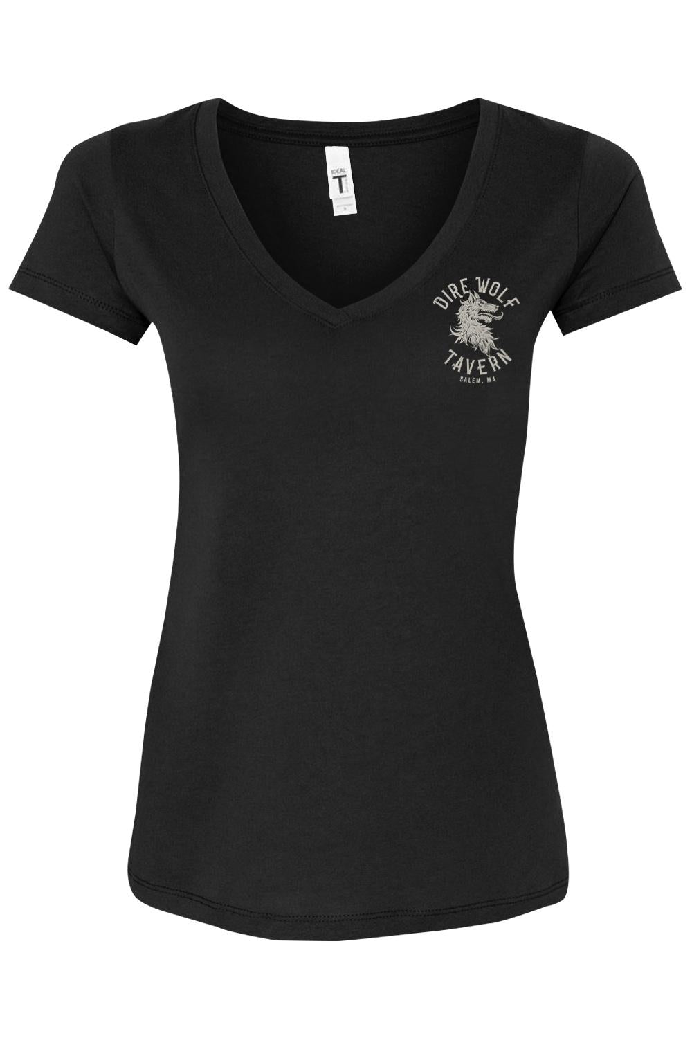 Black women's cotton blend V-neck T-shirt featuring a Dire Wolf Tavern logo on the left chest.