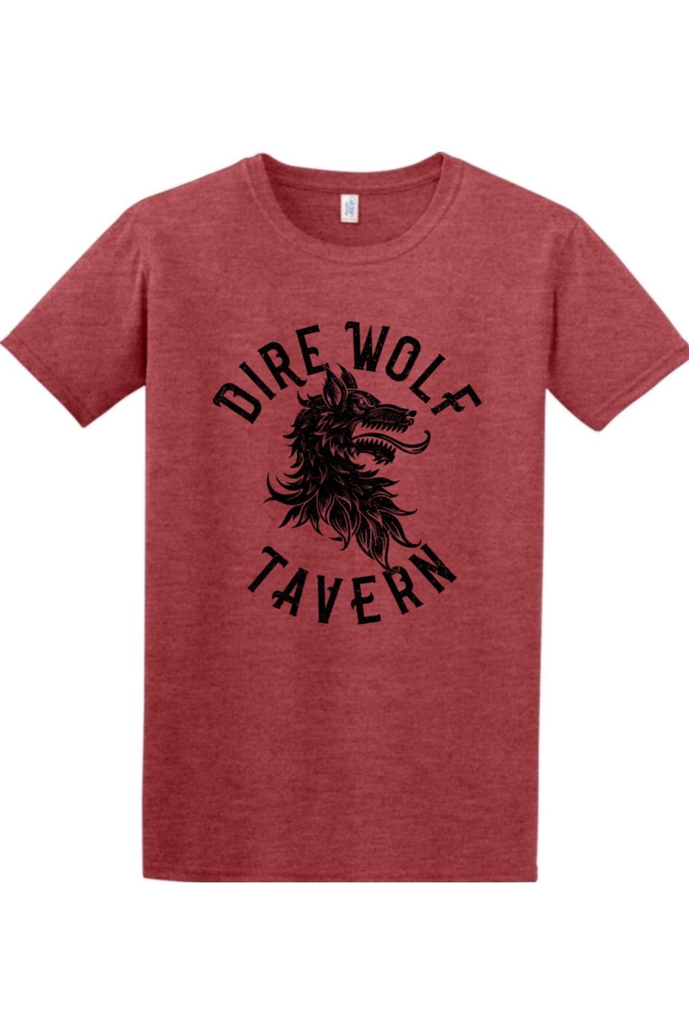 Red heathered cotton t-shirt featuring a black Dire Wolf Tavern graphic logo on the chest.