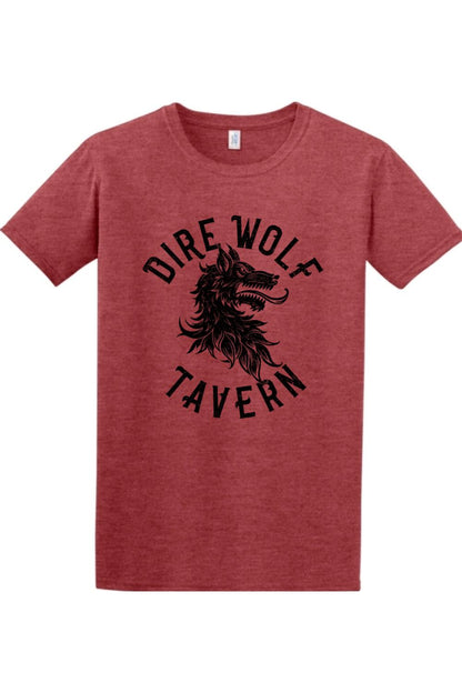 Red heathered cotton t-shirt featuring a black Dire Wolf Tavern graphic logo on the chest.