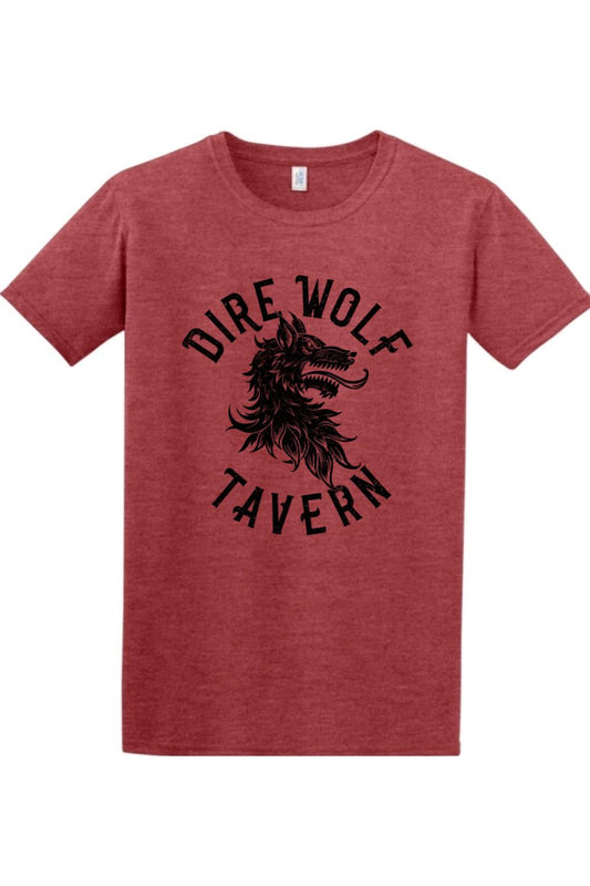 Red heathered cotton t-shirt featuring a black Dire Wolf Tavern graphic logo on the chest.