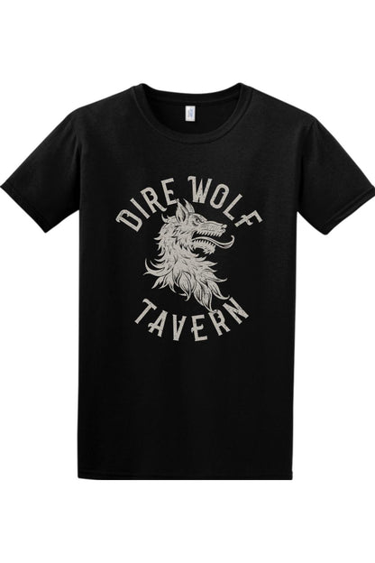Black cotton crewneck t-shirt featuring a grey Dire Wolf Tavern graphic print on the chest.
