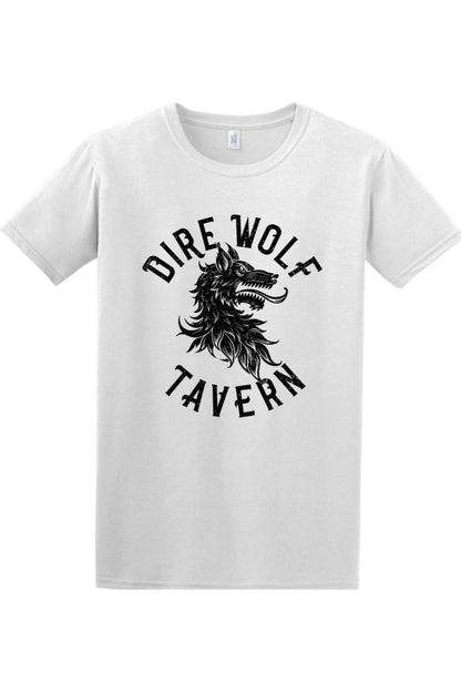 White short-sleeve cotton t-shirt featuring a black Dire Wolf Tavern graphic logo on the chest.