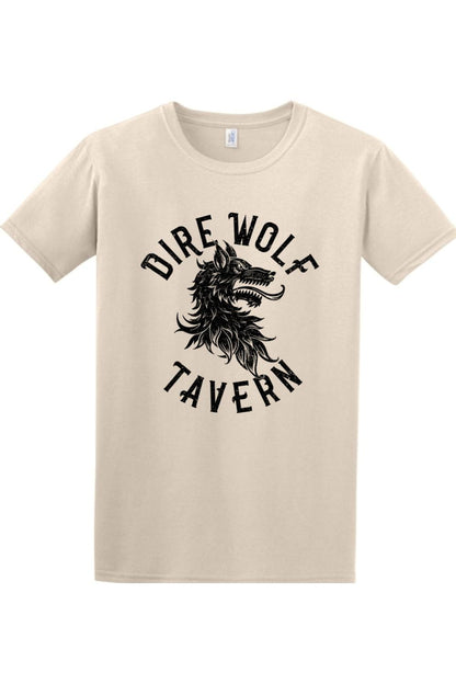 Soft beige cotton t-shirt featuring a black Dire Wolf Tavern graphic logo on the chest.