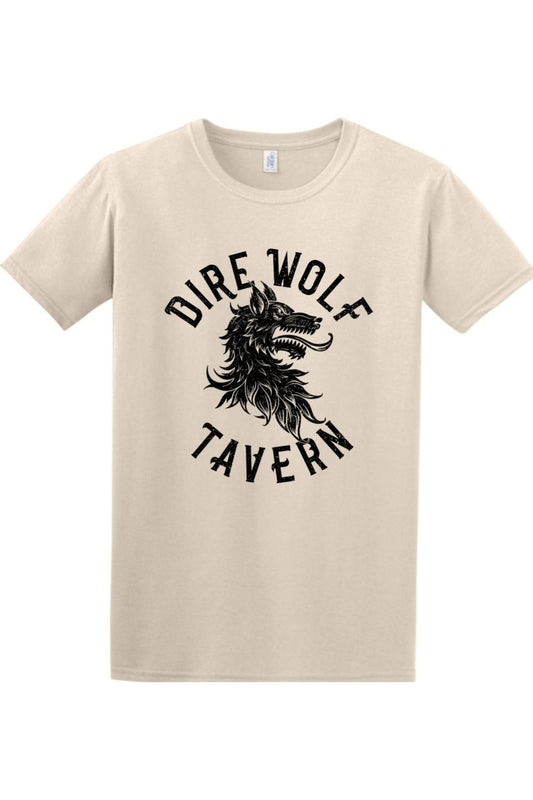 Soft beige cotton t-shirt featuring a black Dire Wolf Tavern graphic logo on the chest.