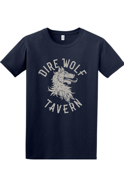 Navy blue cotton t-shirt featuring a distressed white Dire Wolf Tavern graphic print on the chest.