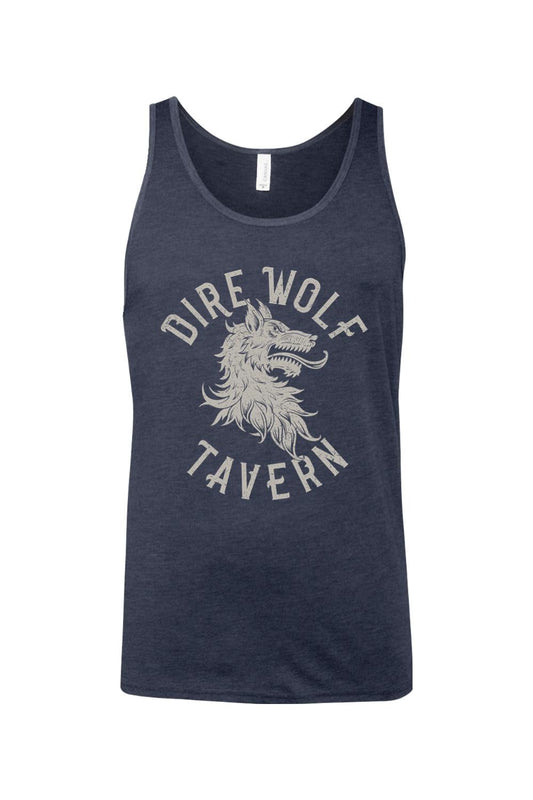 Navy blue cotton tank top featuring a distressed Dire Wolf Tavern graphic print in light gray.