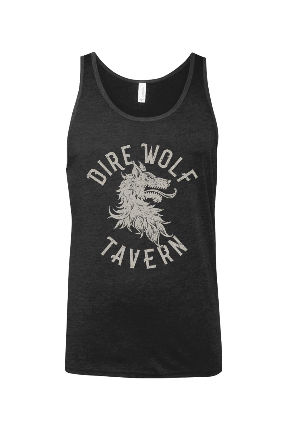 Black cotton tank top featuring a distressed grey Dire Wolf Tavern graphic print on the chest.