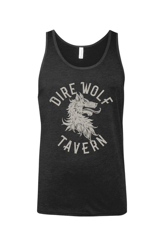 Black cotton tank top featuring a distressed grey Dire Wolf Tavern graphic print on the chest.