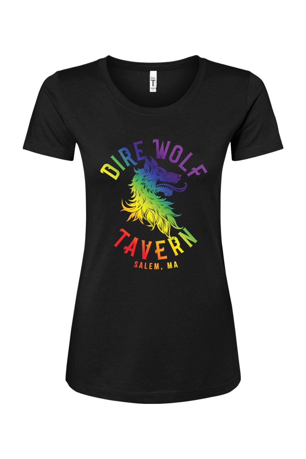 Black women's cotton blend t-shirt featuring a rainbow-colored dire wolf logo and Dire Wolf Tavern text.