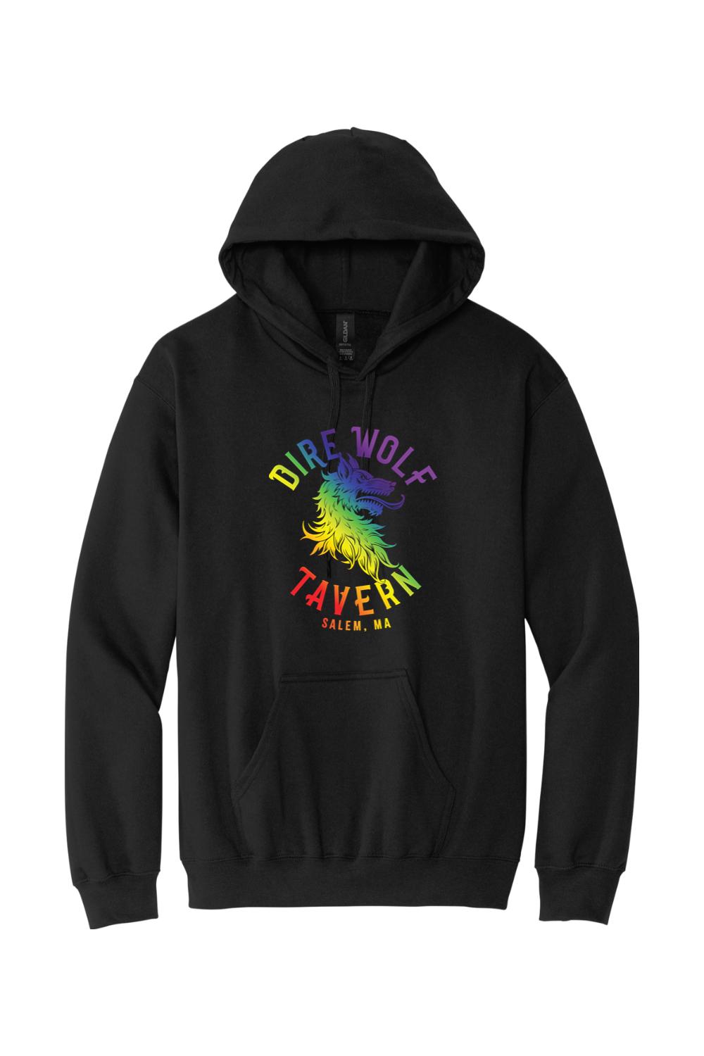 Black cotton hoodie featuring a colorful rainbow Dire Wolf Tavern Salem, MA logo on the chest.