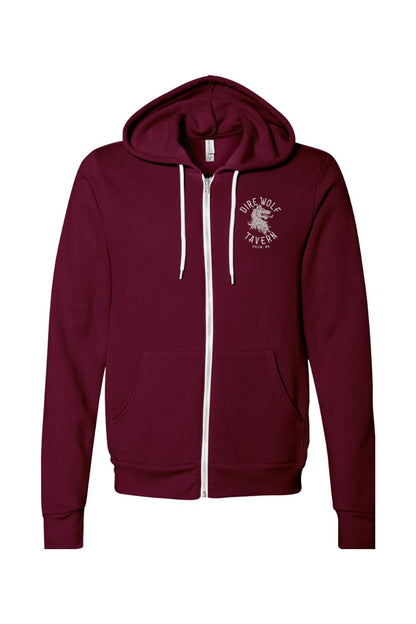 Maroon sponge fleece full-zip hoodie with white drawstrings and a Dire Wolf Tavern logo on the chest.