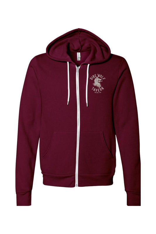 Maroon sponge fleece full-zip hoodie with white drawstrings and a Dire Wolf Tavern logo on the chest.