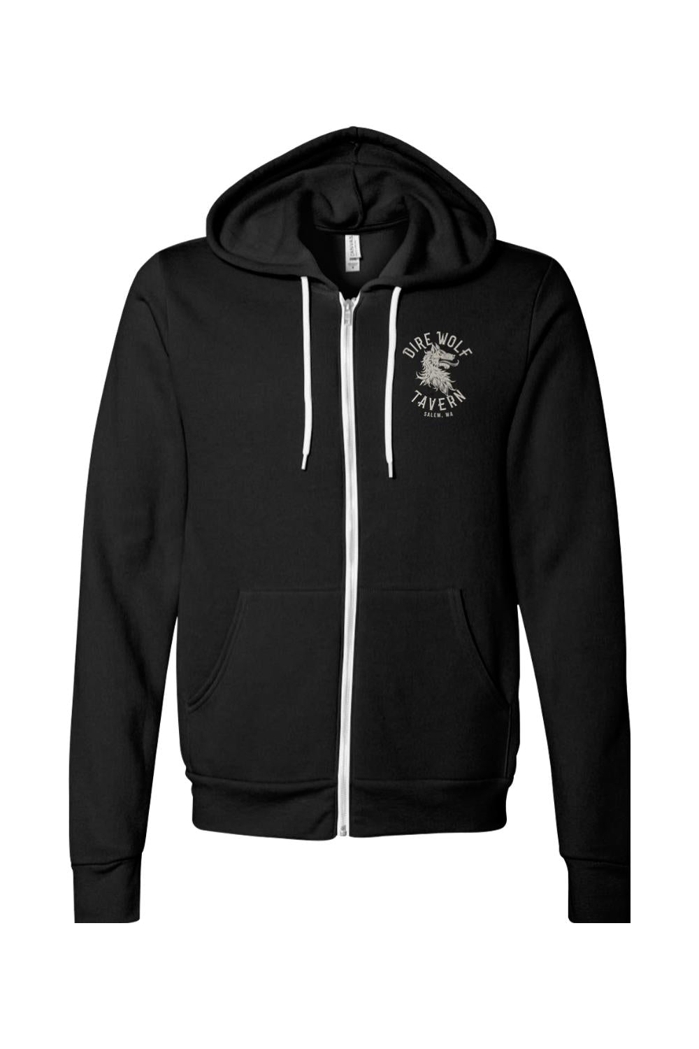 Black sponge fleece full-zip hoodie with a white Dire Wolf Tavern logo on the chest and white drawstring cords.