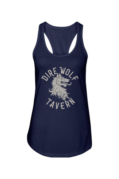 Navy blue women's racerback tank top featuring a distressed white Dire Wolf Tavern graphic print on the front.