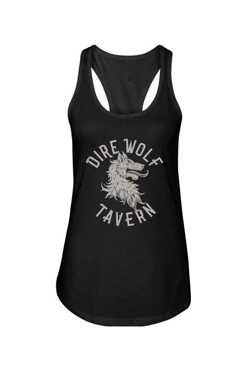Black racerback tank top featuring a white Dire Wolf Tavern graphic print on soft cotton-poly blend fabric.