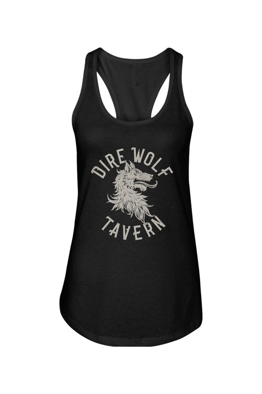 Black racerback tank top featuring a white Dire Wolf Tavern graphic print on soft cotton-poly blend fabric.