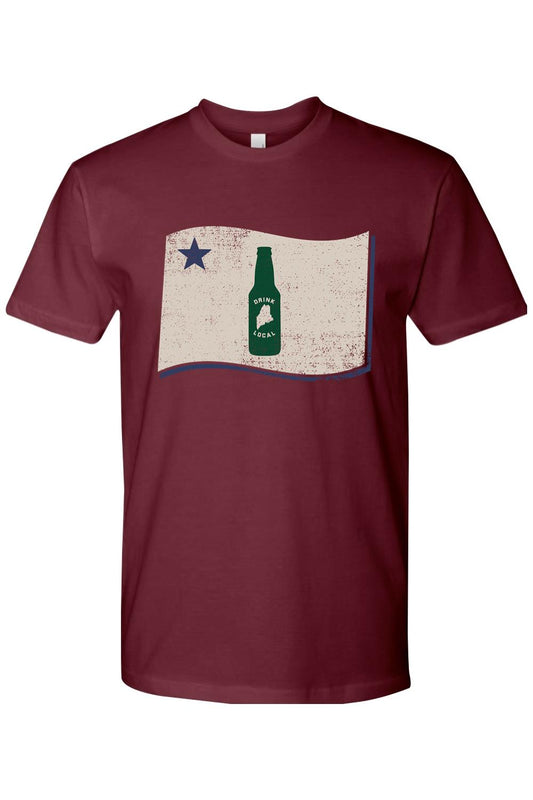 Maroon cotton crewneck t-shirt featuring a vintage-style graphic of a beer bottle with a Maine state outline.