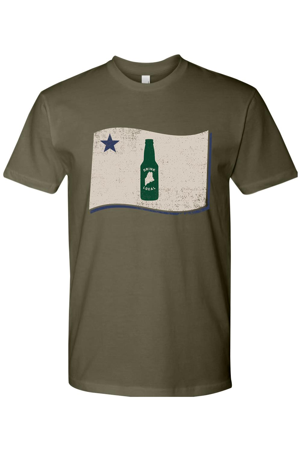 Olive green cotton crewneck t-shirt featuring a distressed Maine flag graphic with a beer bottle and star.