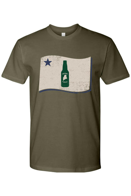 Olive green cotton crewneck t-shirt featuring a distressed Maine flag graphic with a beer bottle and star.