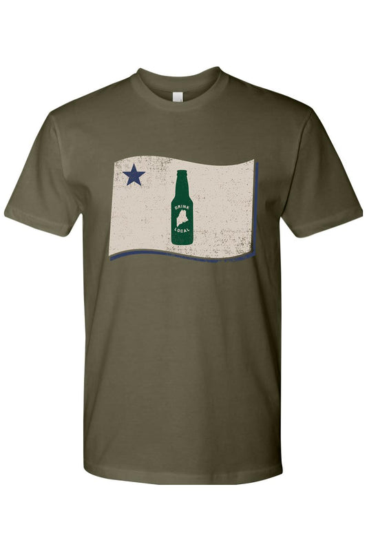 Olive green cotton crewneck t-shirt featuring a distressed Maine flag graphic with a beer bottle and star.