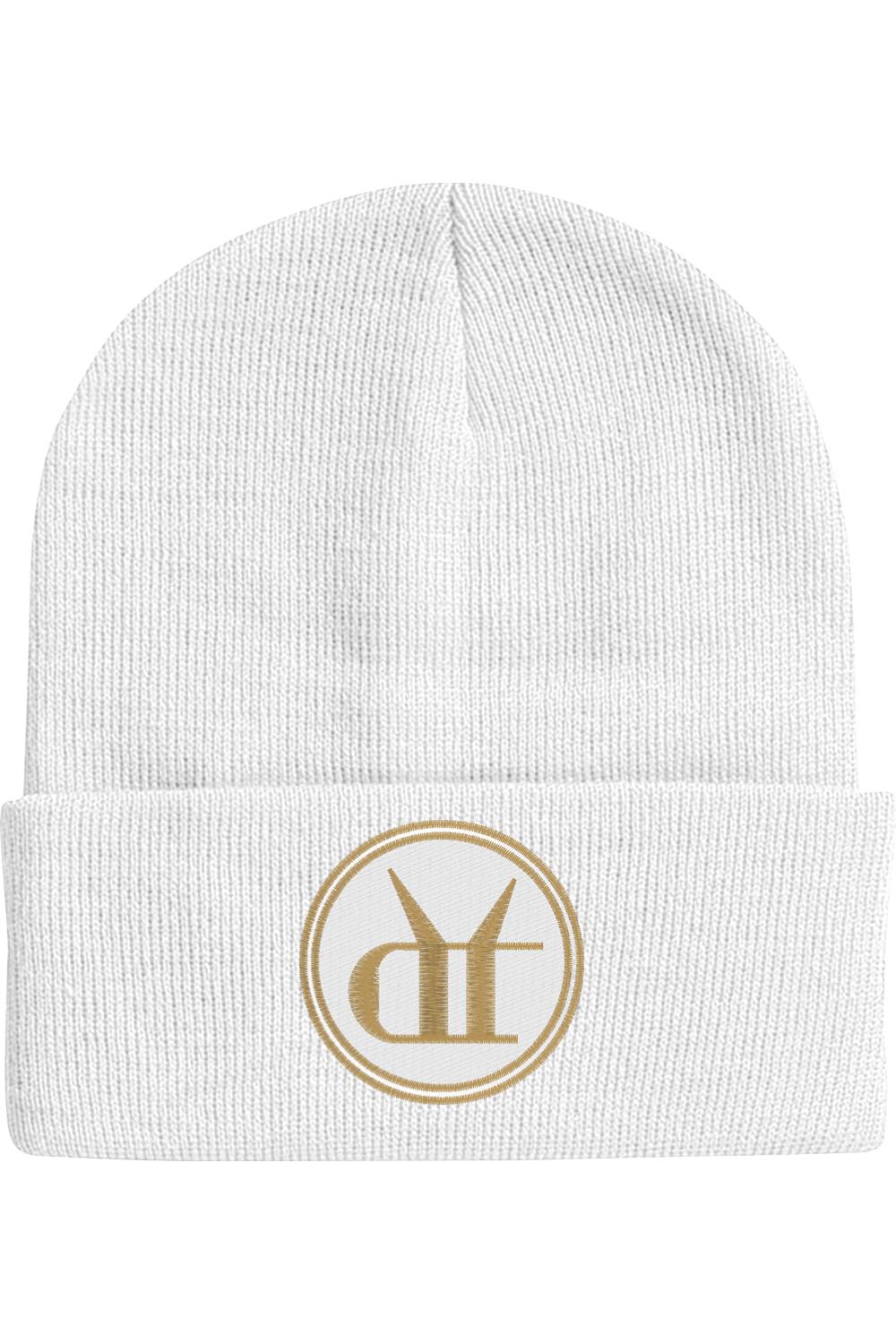White 12-inch cuffed knit beanie featuring an embroidered gold circular Drink That logo on the front.