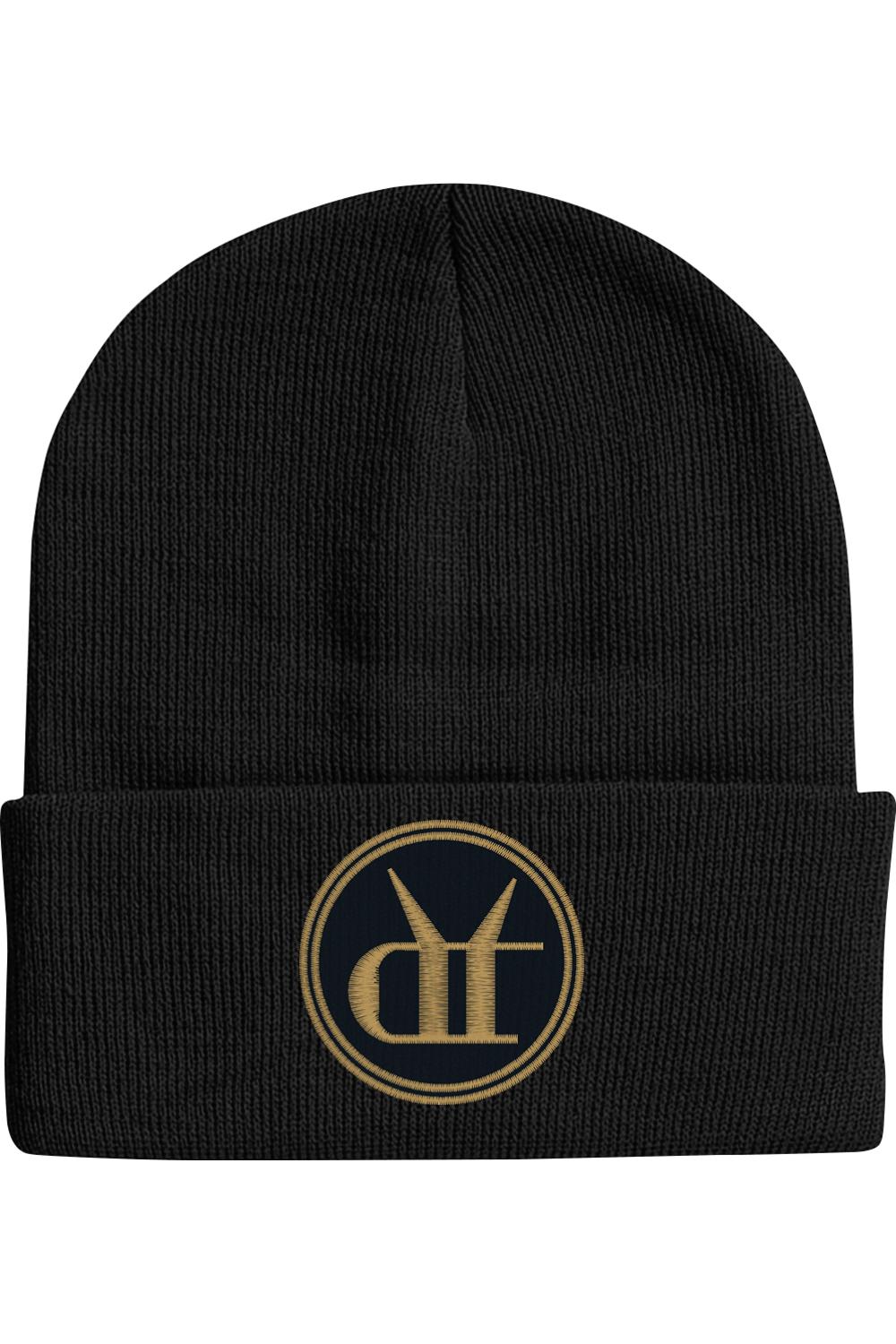 Black 12-inch cuffed beanie featuring an embroidered gold circular Drink That logo on the front.