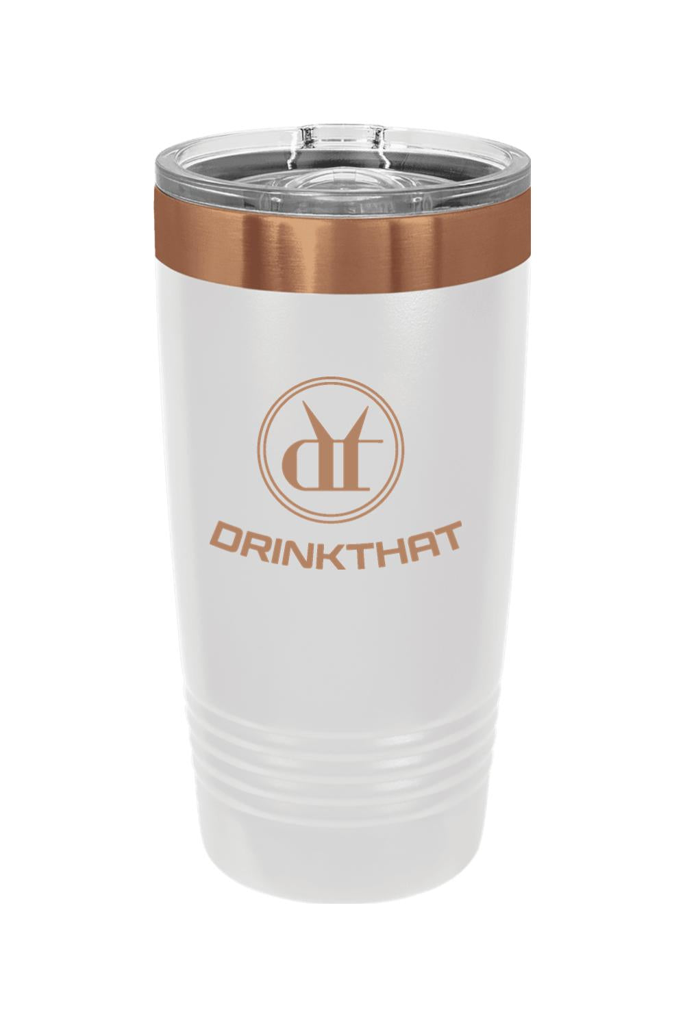 White 20 oz. ION-plated insulated tumbler with a copper rim, clear slider lid, and engraved Drink That logo.