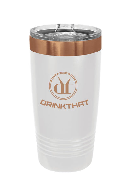 White 20 oz. ION-plated insulated tumbler with a copper rim, clear slider lid, and engraved Drink That logo.